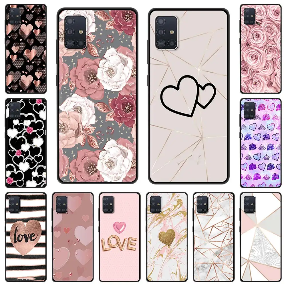

Love Heart Gold Rose Marble Phone Case for Samsung Galaxy A51 A71 A21S A12 A11 A31 A52 A41 A32 5G A72 A01 Silicone Black Cover
