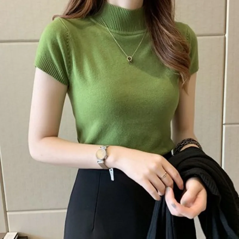 

Semi High Neck Short Sleeve Knit T-shirt Women's Elegant Slim Fit Short Knit Top