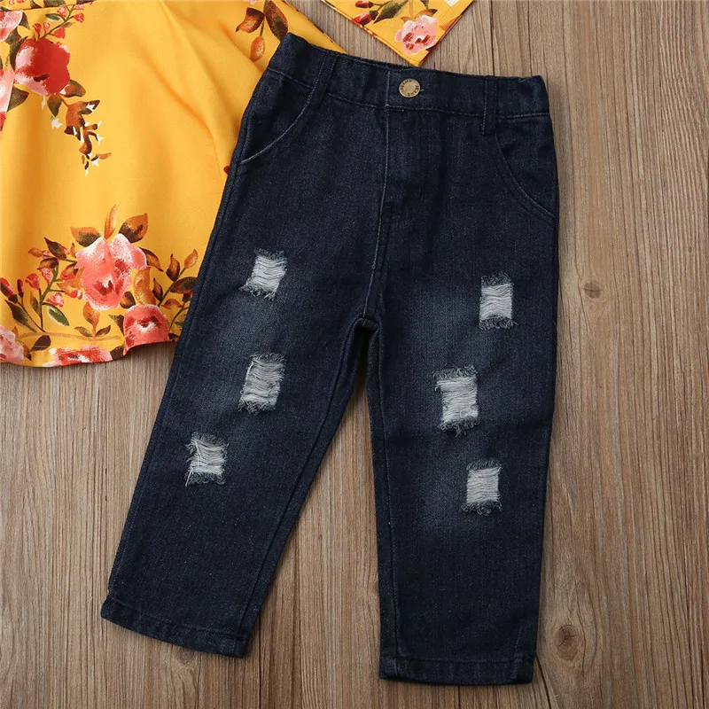 2PCS Toddler Baby Girl Floral Clothes Set Long Sleeve Dress And Jeans Pants Outfits |