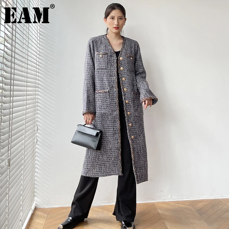 

[EAM] Loose Fit Purple Long Tweed Big Size Woolen Coat Parkas New Long Sleeve Women Fashion Tide Autumn Winter 2022 1DE3970