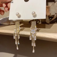 ears high korean luxury shiny rhinestone zircon long tassel drop earrings for women girls elegant pearl pendientes party jewelry