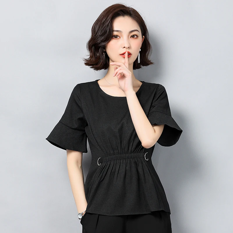 

COIGARSAM 3XL Plus Size Chiffon blouse women Summer Flare Sleeve High Waist blusas womens tops and blouses Black 6361