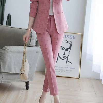 Pink Plaid Pant Новинка, повседневные женские брюки длиной до щиколотки, высокое качество, прямые брюки, средняя талия, узкие брюки, красные, синие, черные, розовые - Цвет: Pink Plaid Pant