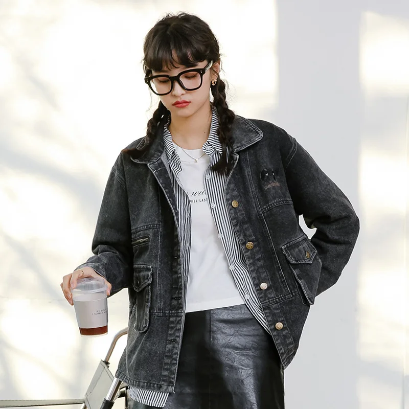 

Spring Autumn Plus Size Coats Jackets Women 2021 Fashion Casual Cowboy Outerwear Female Loose Retro Dark Gray Short Denim Jacket