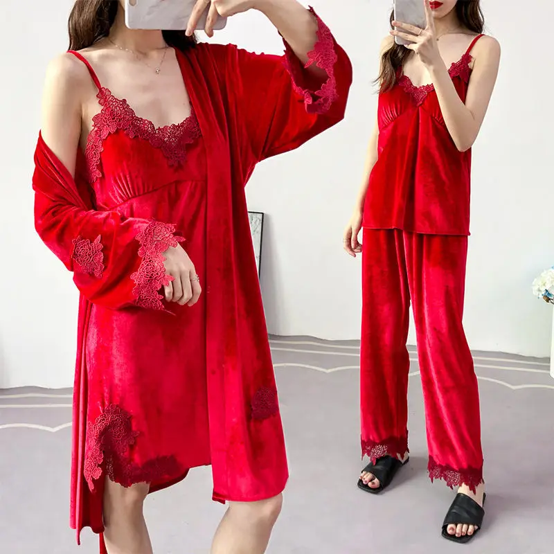 Женские привлекательные пижамные комплекты на весну и осень кружевное ночное