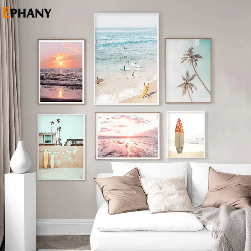 

Sunset Ocean Landscape Wall Art Beach Sea Bird Surfing Canvas Painting Nordic Posters and Prints Pictures for Living Room Decor
