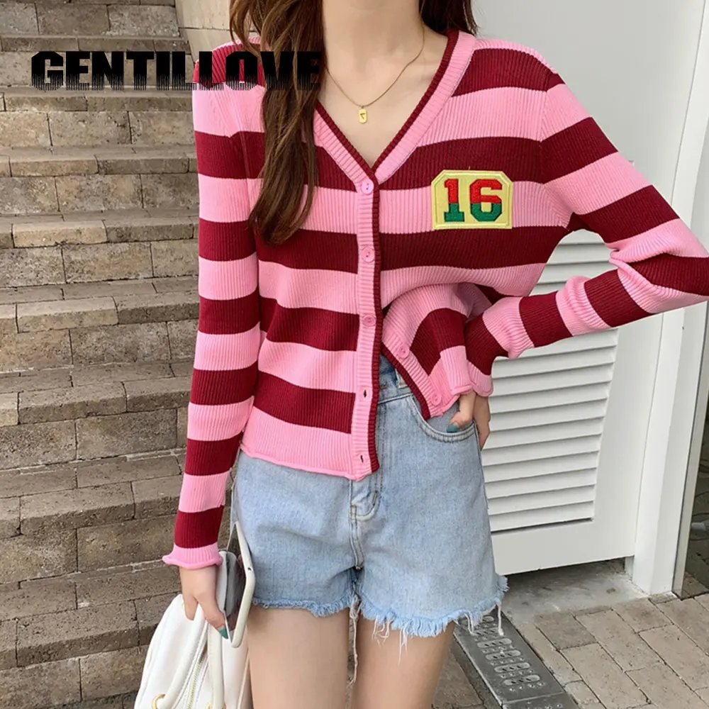 

Вязаный кардиган в полоску с V-образным вырезом, женский свитер, однобортные топы с длинными рукавами и надписью, винтажный облегающий трико...