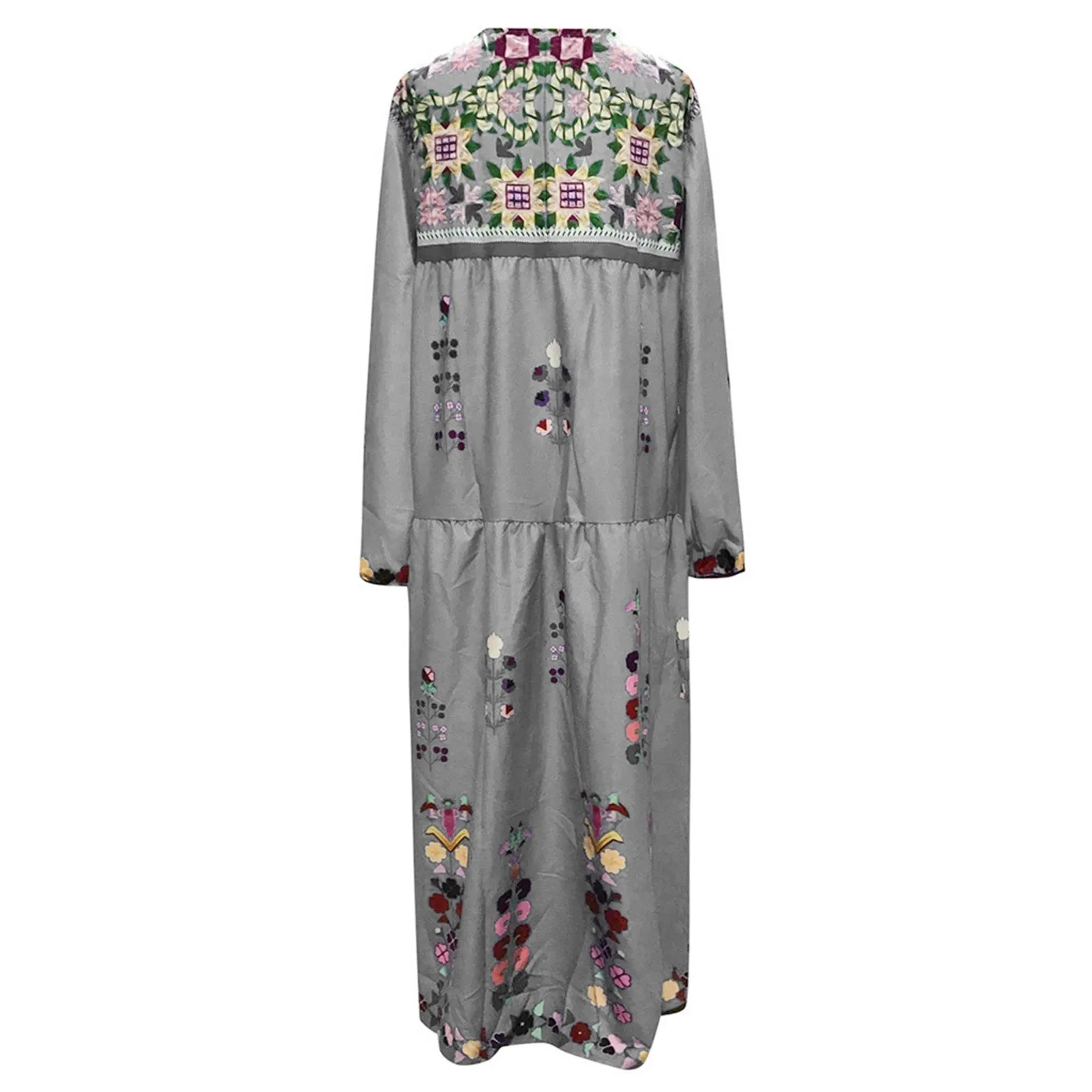 

40# Plus Size Denim Maxi Dress Pleated Drawstring Long Sleeve Robe Lace Up V Neck Boho Ankle Length Dress Summer Dress 2021
