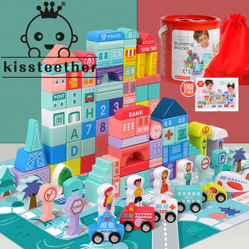 

Kisteether новый детский деревянный буквенно-цифровой Макарон 108 деталей городской улицы вид три в одном строительный блок игрушка подарок