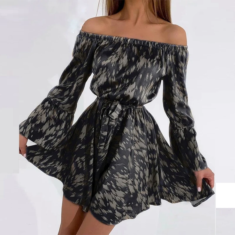 

Women Printed Flare Sleeve Off Shoulder Mini Dress