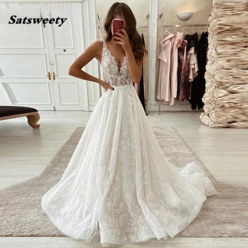 

Robe De Soirée De Mariage Deep V Neck Wedding Dress For Women Sleeveless Sexy Lace A-line Bridal Recepption Gown 2022