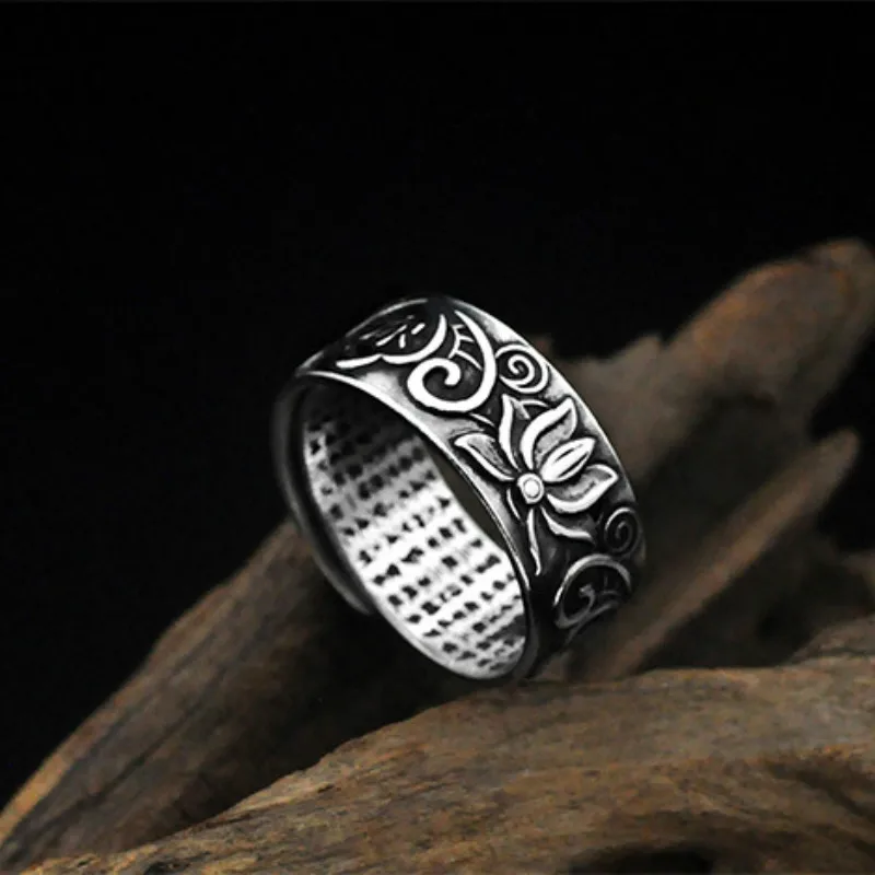 

Women Men Ring Set 925 Sterling Silver Rings S925 Lotus Scripture Carving Lovers Ring Tibetan Silver Resizable Hot Sale Ring Set