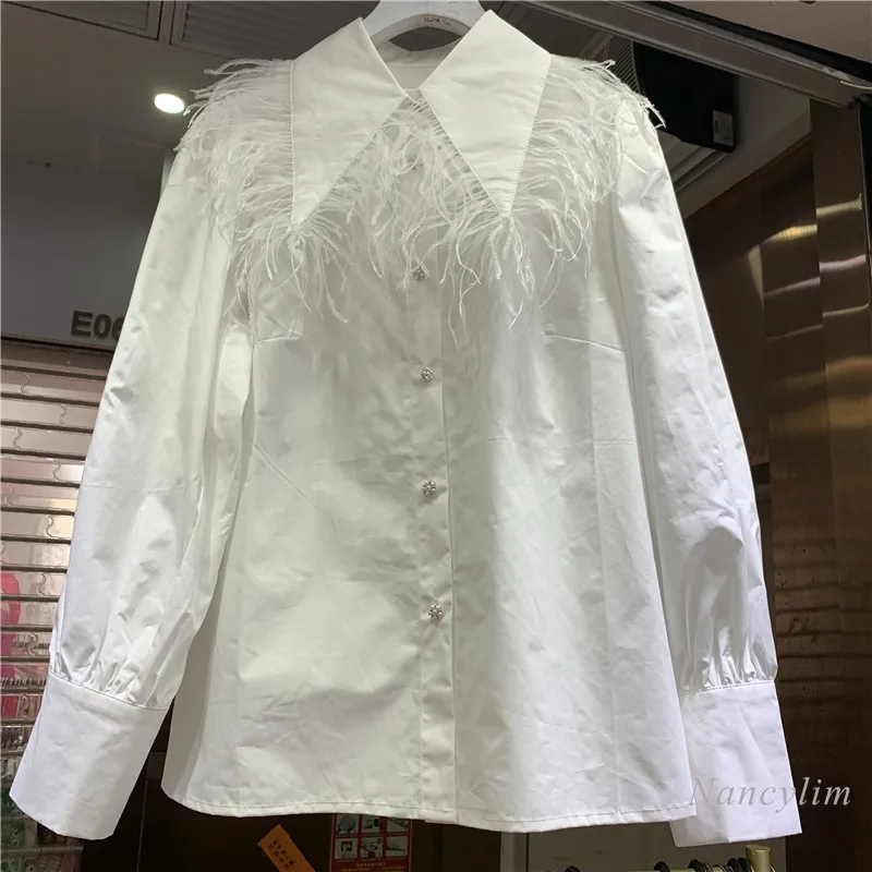 

Fashion Feather Blouses Womens New Lapel Long Sleeve Loose Temperament Leisure White Shirts Ladies Tops Casual All-Match 2022