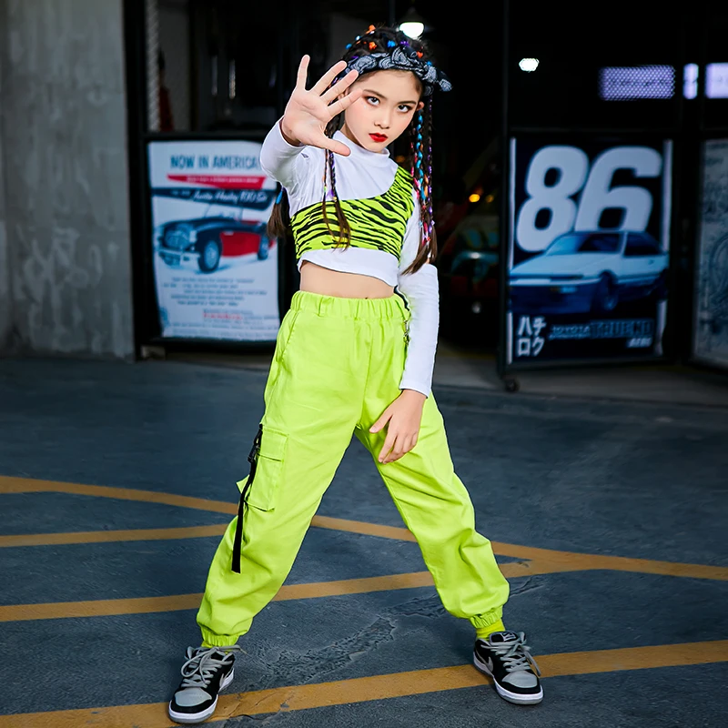 Танцевальные костюмы для девочек в стиле хип-хоп флуоресцентные зеленые детские