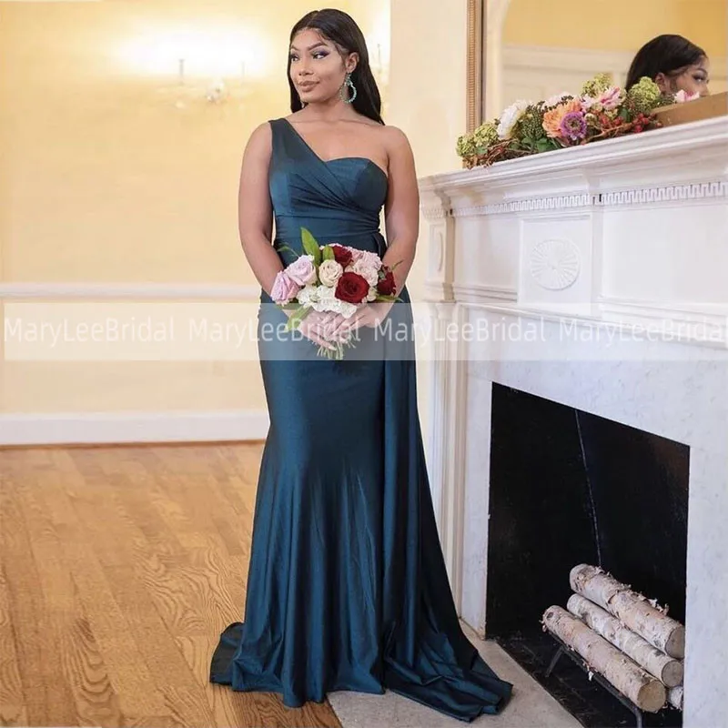 

Dark Blue Mermaid Evening Dress With Streamer One Shoulder Pleat Shiny Satin vestidos de fiesta Formal Party Dresses For Women