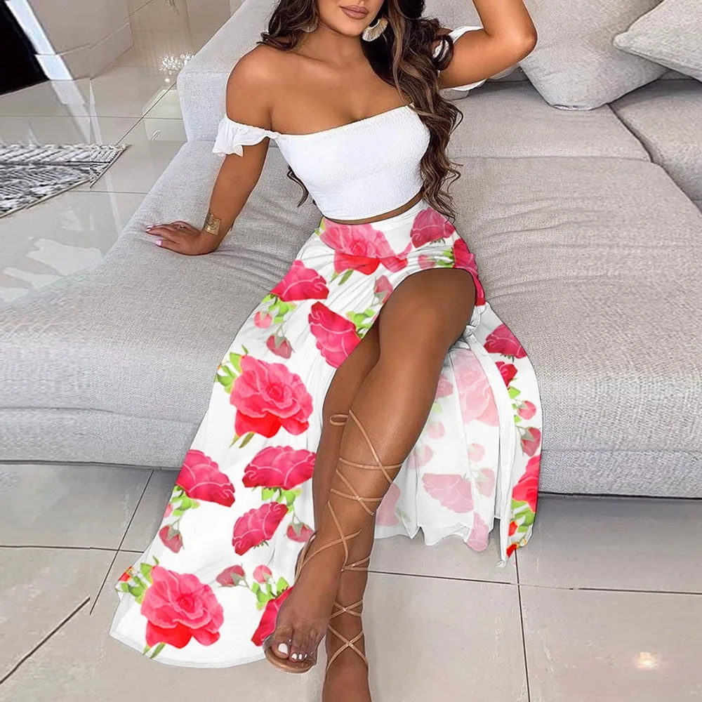 

Plus Size Summer Two Piece Set Clothing Women 2021 Holiday Fashion Off Shoulder Boho Printing Long Dresses vestido de mujer