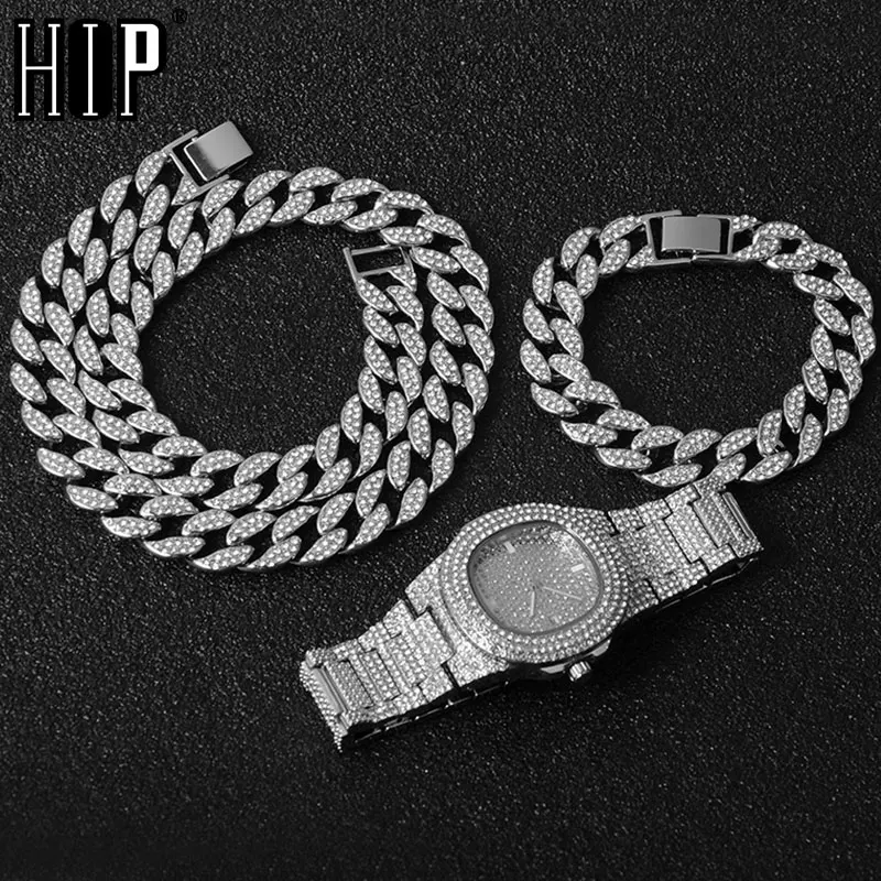 

Necklace +Watch+Bracelet Hip Hop Miami Cuban Chain Iced Out Paved Rhinestones CZ Bling Rapper For Men Jewelry
