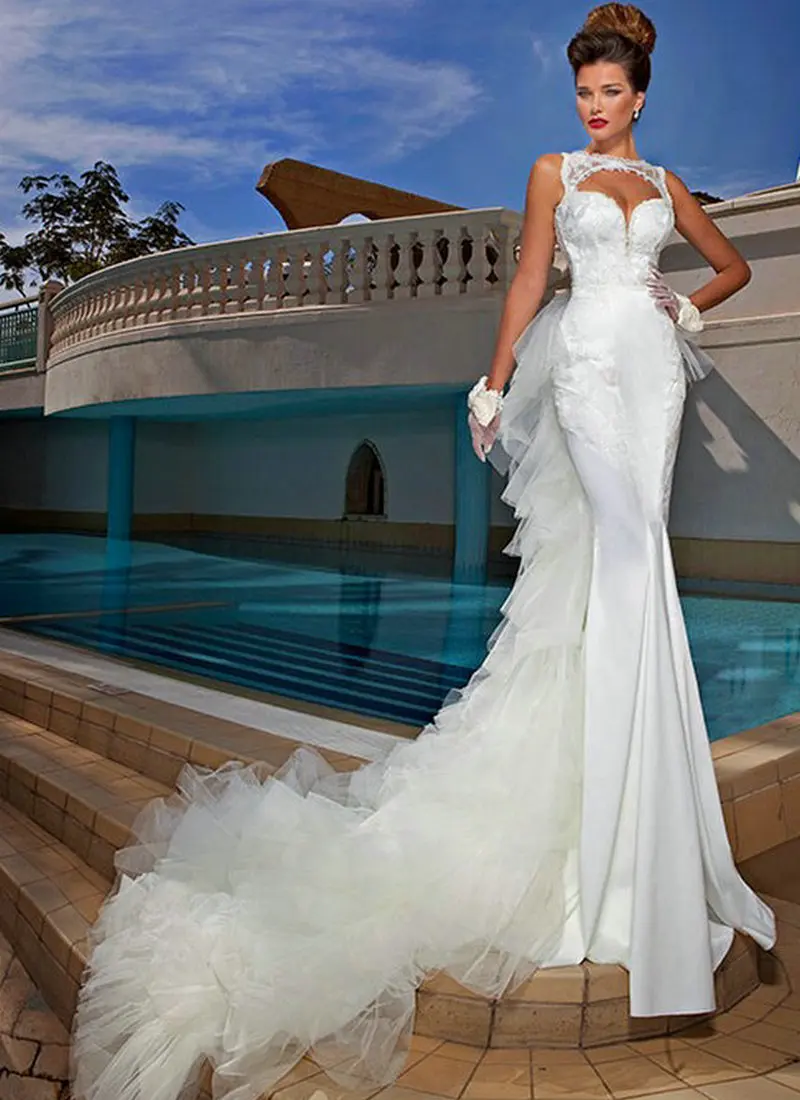 Белые атласные и кружевные свадебные платья без рукавов в Богемном Стиле Русалка