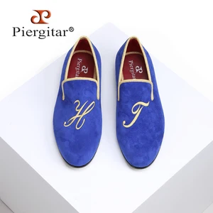 Мокасины Piergitar мужские замшевые, лоферы с вышивкой надписью, ручной работы, синие, 2021