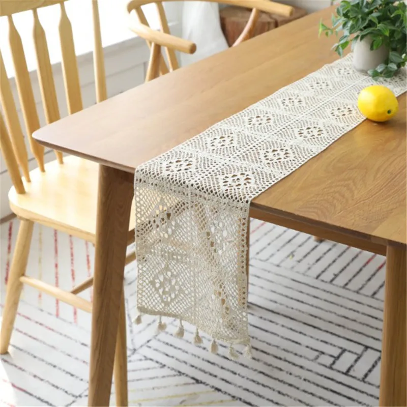 Бежевый вязаный крючком кружевной стол с кисточками из хлопка Свадебный декор