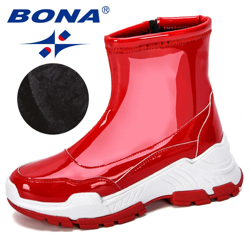 Red BONA/Новинка года; дизайнерская зимняя обувь из блестящей кожи; женские уличные ботильоны; женские ботинки; zapatos mujer; теплая плюшевая обувь; удобная обувь - Цвет: Red