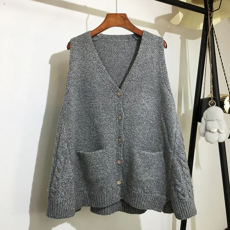 

2020 V-neck Pocket Knitted Sweater Vest Women Plus Size Loose Single-breasted Sleeveless V-neck Solid Color Sweater Vest Femal