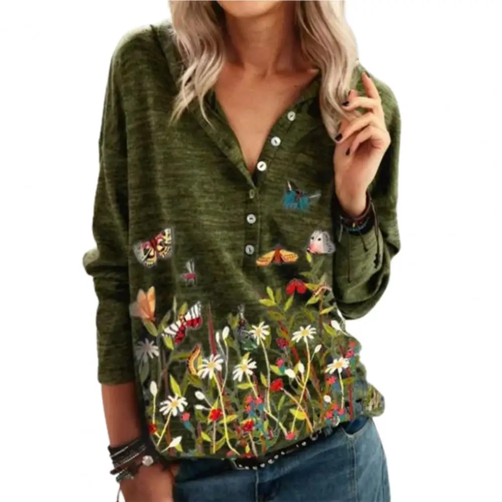

Loose Ladies Blouses Cotton Blend V-Neck Flowers Butterflies Print Buttons Collar Autumn Winter Women Casual Blouse