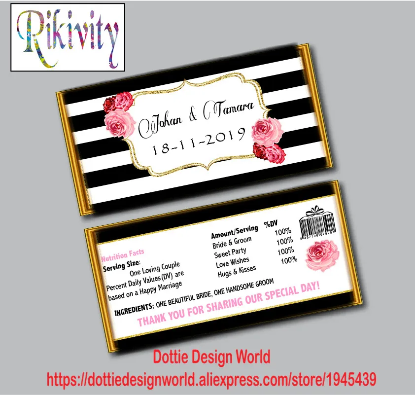 Пользовательские черные полоски розы свадьба Hershey оберточная бумага для конфет