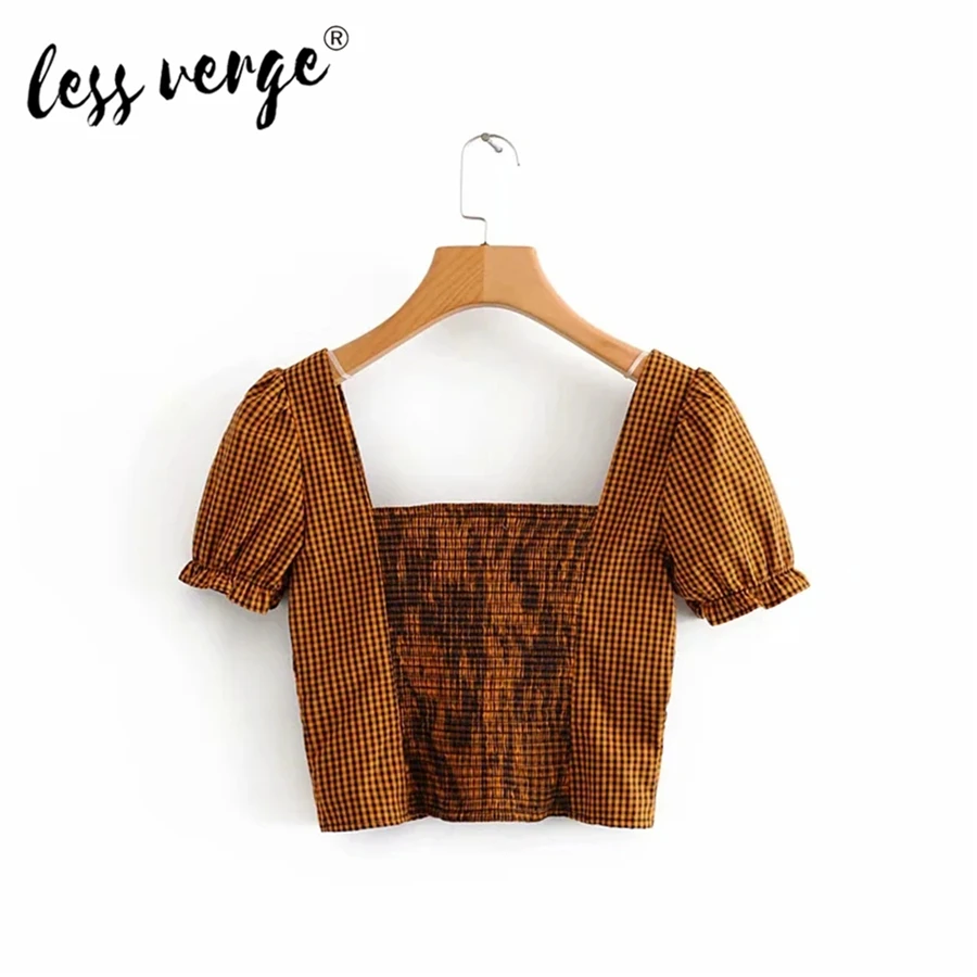 

Lessverge New Fashion Women Plaid T-shirt Chiffon T-shirt Elastic Summer Plaid T-shirt Slim Fit Crop Top