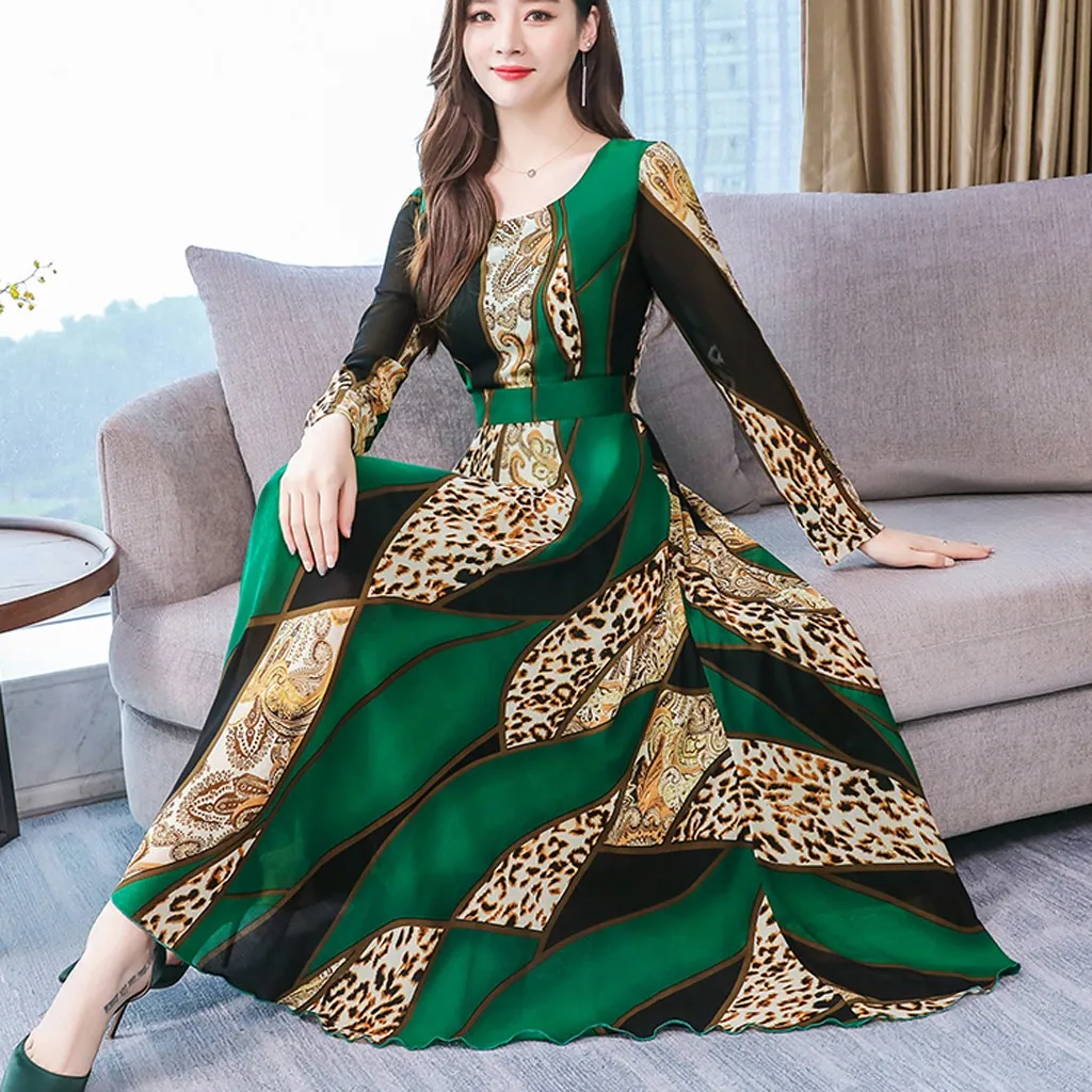 Женское модное осеннее платье до щиколотки с круглым вырезом длинным рукавом и