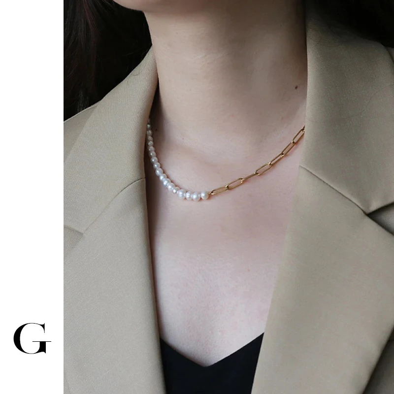 

GHIDBK Bohemian Stainless Steel Natural Freshwater Pearls Chain Necklaces Baroque Irregular Pearl Chokers Women Fashion Jewelry