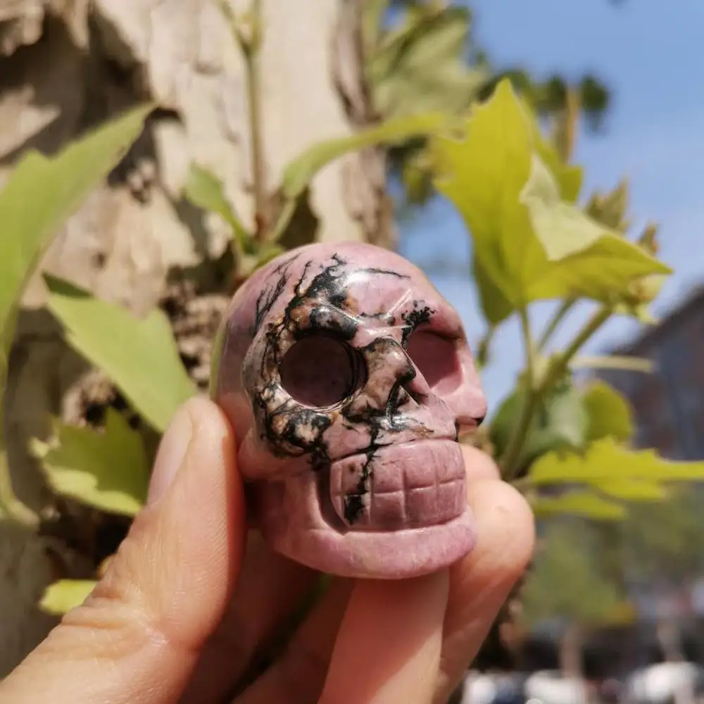 

2.0" Natural Rhodonite Crystal Skull Hand Carved Gemstone Art Sculpture Reiki Healing Stone Statue