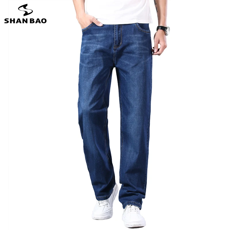 Фото SHAN BAO эластичные хлопковые мужские прямые свободные летние тонкие джинсы 2021