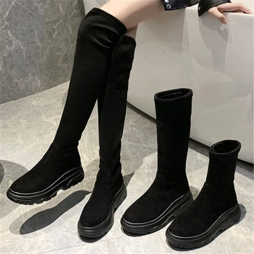 

Winter Platform Shoe Woman Ankle Boots Suede Equestrian Thick Sole Non Slip Women Chunky Shoe Fashion Slim Long Boot Black 36-40