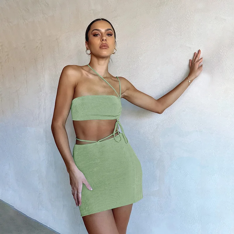 

Drawstring Ruched Sexy Bandage Skirt Sets Fashion Outfits Summer Club Party Lace Up Top and Skirts Matching Set 2021