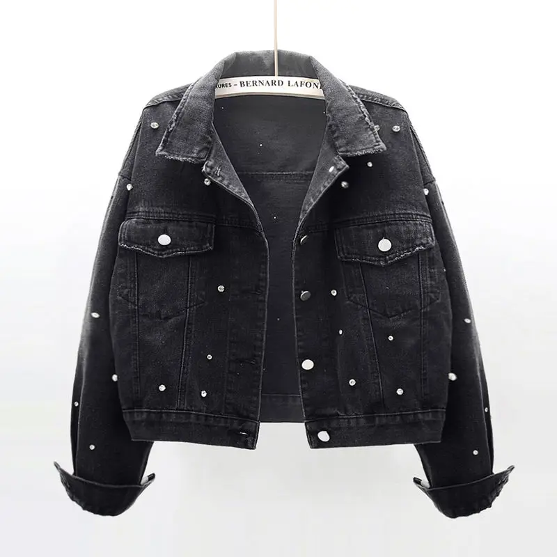 

2021 Autumn Denim Jacket Coat Women Diamond Loose Overcoat Jeans Jacket Basic Coats Streetwear Long Sleeve Casual Outerwear Z548
