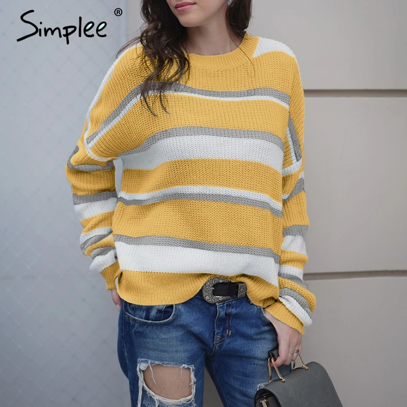 Simplee Stripes casual knitted women pullover sweater Long sleeve oversize autumn winter female jumper Streetwear ladies | Женская