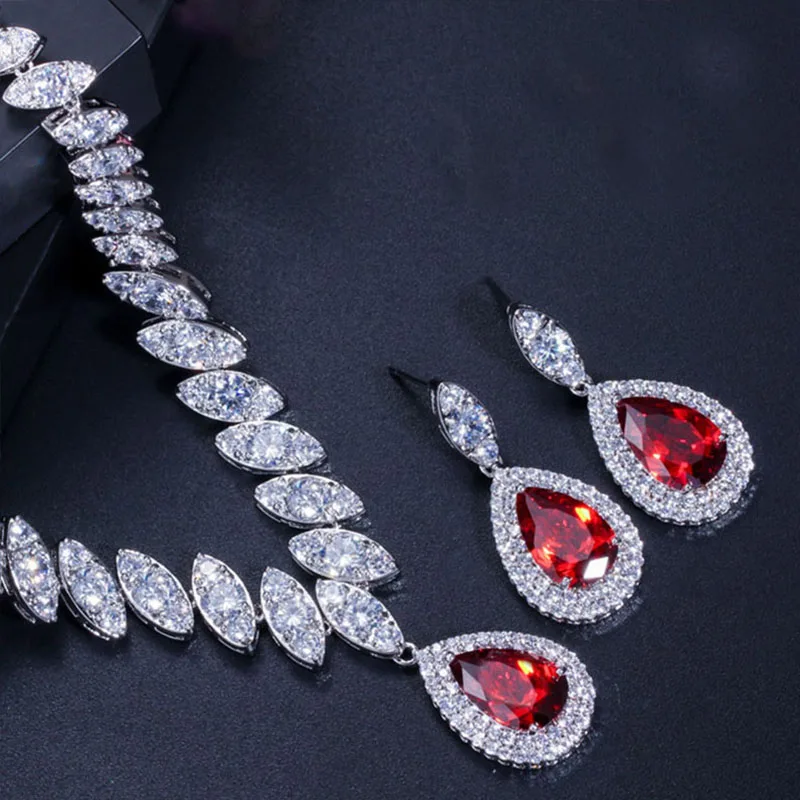 Ruby Red Pera CZ Роскошные аксессуары для невесты с кубическим цирконием, большой свадебный ювелирный набор для женщин J048 - Окраска металла: Ruby Red
