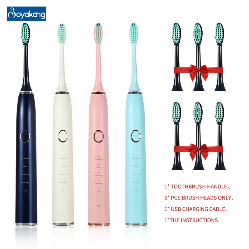 Boyakang Sonic Electric Toothbrush 5 Cleaning Modes Smart Timing 6 Replaceable Head Dupont Bristles Rechargeable USB Charging