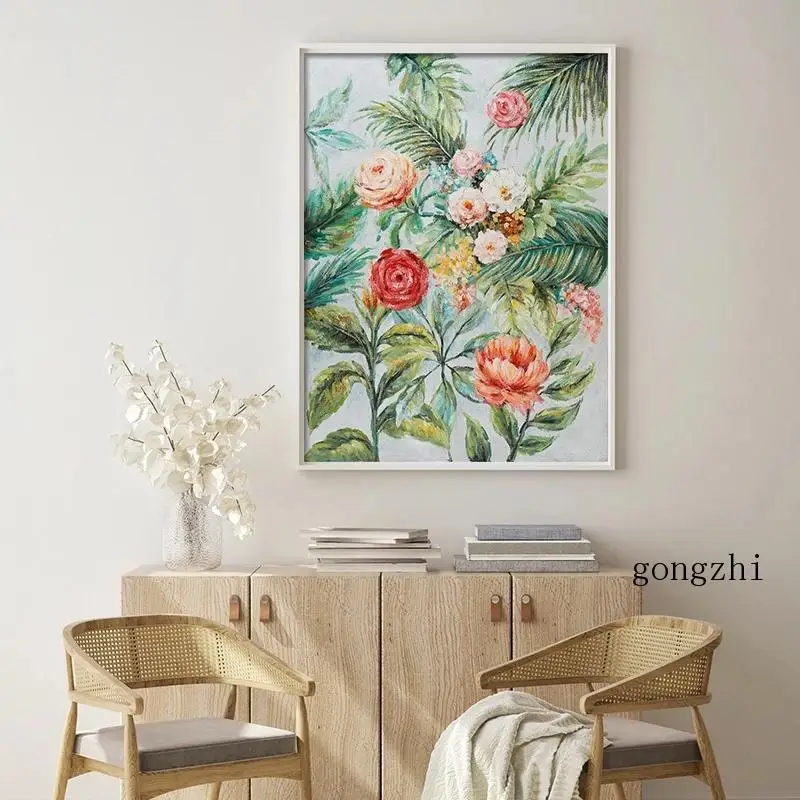 

Impressionist Red Flower and Green Plant Poster Antique Floral Canvas Painting and Prints Wall Art Pictures Living Room Decor