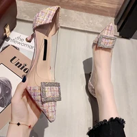 single shoes 2020 the new thin heels pointed toe dress slip on fashion shallow summer 7cm high heels square buckle high quality