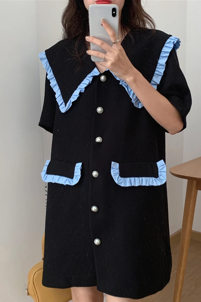 

Korejpaa Women Dress 2021 Summer Korean Retro Temperament Large Lapel Contrast Color Ruffles Pearl Buckle Design Loose Dresses