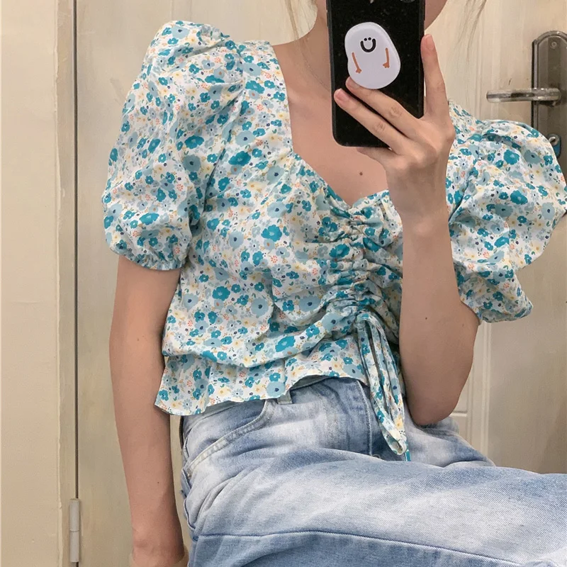 

Alien Kitty 2021 Summer Short Blouse Floral Printing Party Shirring Chic Square Collar Elegant All Match Prom Shirts Tops