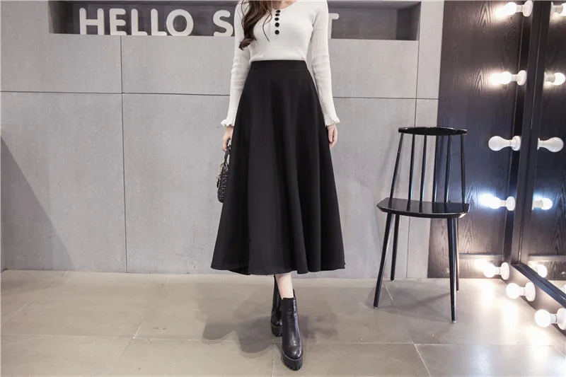 

Winter Harajuku Woolen Maxi Skirt Women's Long Wool Skirt Fashionable High Waist Casual Vintage Stretch A-line Skirt Womens
