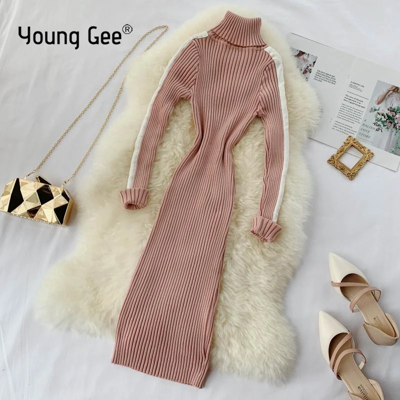 

YoungGee Elastic Turtleneck Long Sleeve Sexy Lady Bodycon Robe Dresses Women Autumn Winter Sweater Knitted Dress 8 Color Vestido