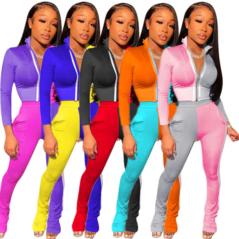 

2020 autumn winter fashion hot sale European American women's color block stitching fashion casual sports street two-piece suit