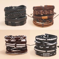 5pcsset pu leather rope handmade weave adjustable charm bracelets for men punk retro simple fashion jewelry