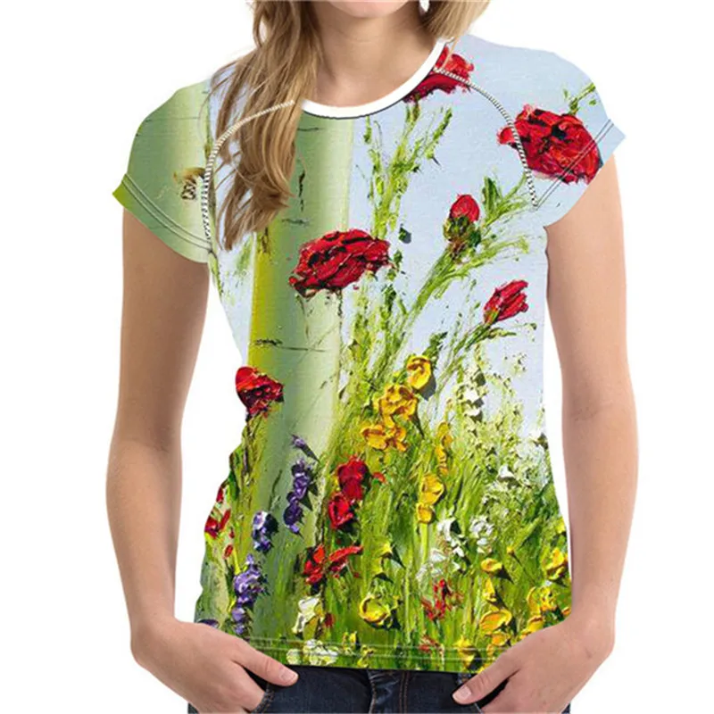 FORUDESIGNS футболка с цветочным рисунком, 3D Рисунок маслом, футболки для женщин, футболки для девочек, эластичные дышащие футболки, повседневная футболка женска
