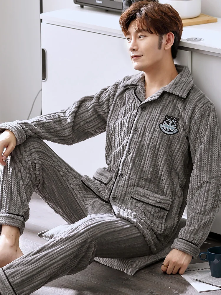 Casual loose sleepwear long sleeve coral fleece thicken warm winter bedroom plus size sleepwear Szata Zestawy Men's Sleep DB60SY