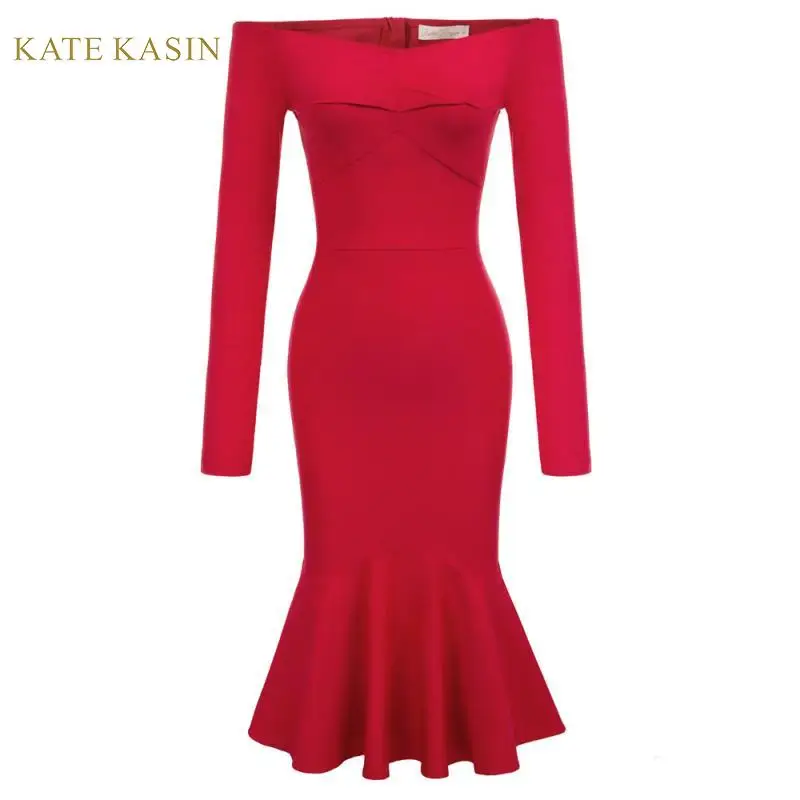 Kate Kasin элегантное женское однотонное красное/черное платье-карандаш с длинным